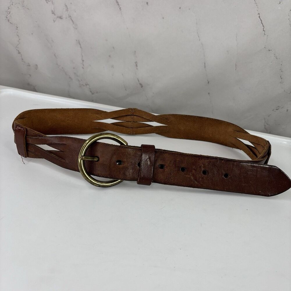 VTG American Eagle Outfitters Braided Leather Belt Cognac Brown Brass Buckle 34" - Picture 10 of 16